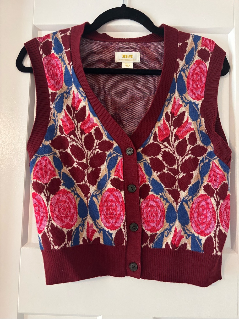 Anthropologie Maeve Burgundy Floral Knit Button-Up Sweater Vest